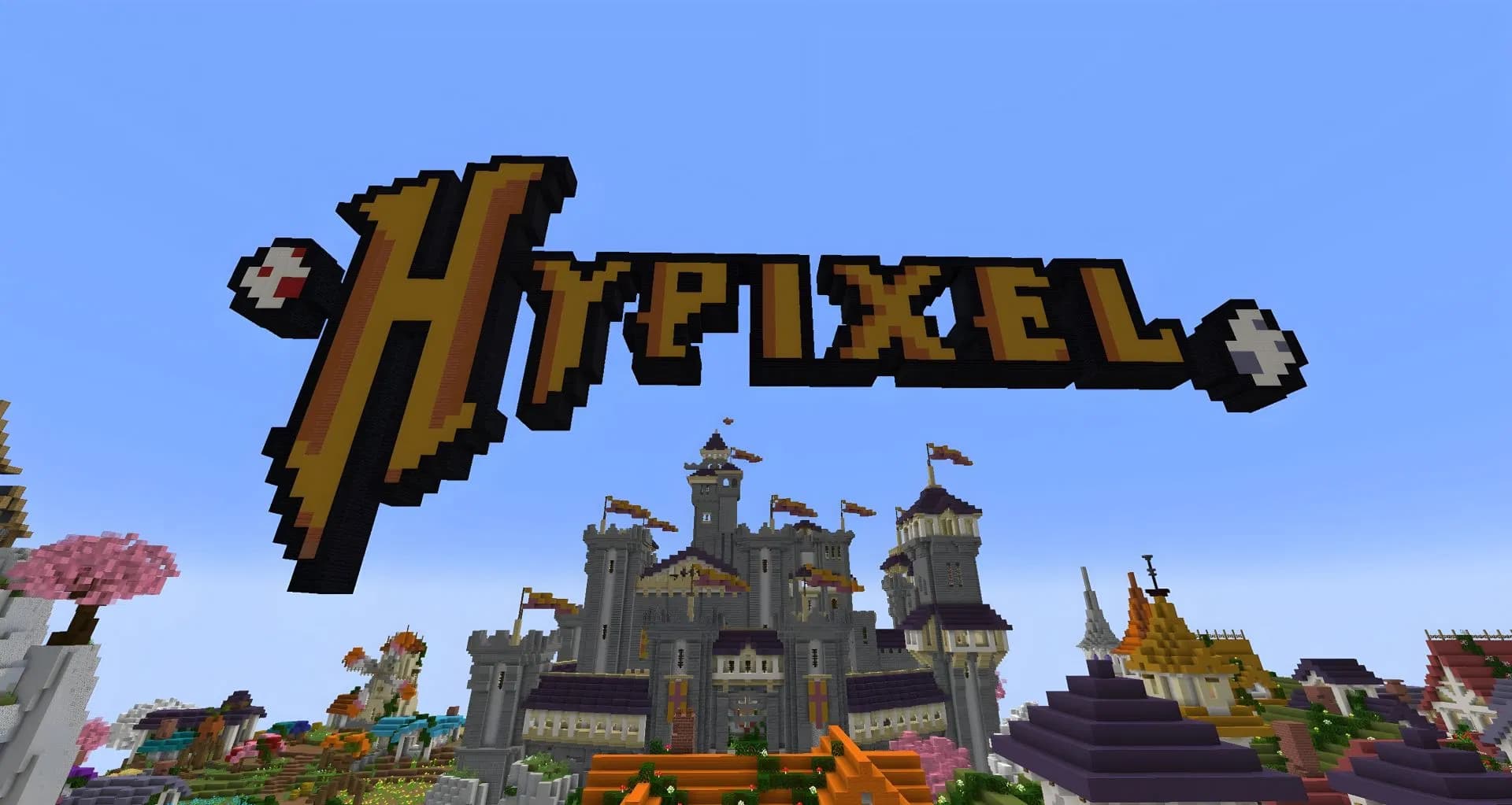 The grand entrance to the Hypixel server hub, showcasing the iconic voxel-style castle and landscape.