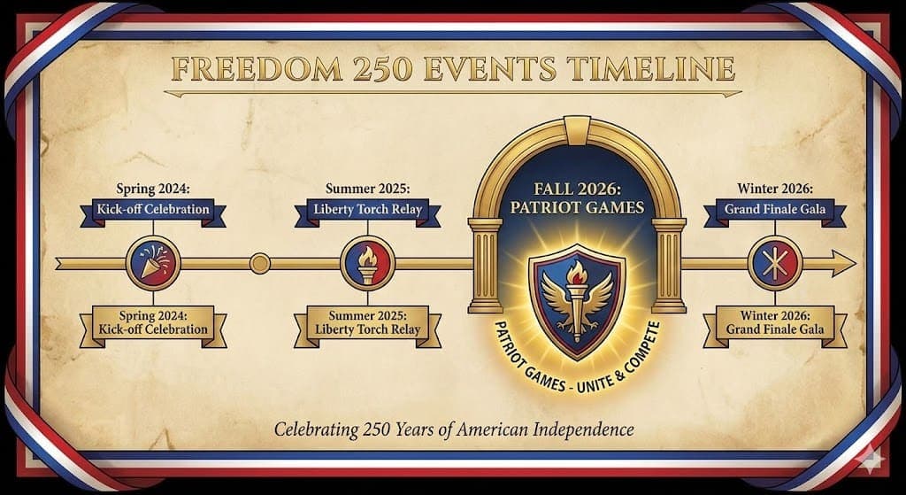 An image illustrating a timeline of Freedom 250 events with the Patriot Games highlighted in the fall of 2026.