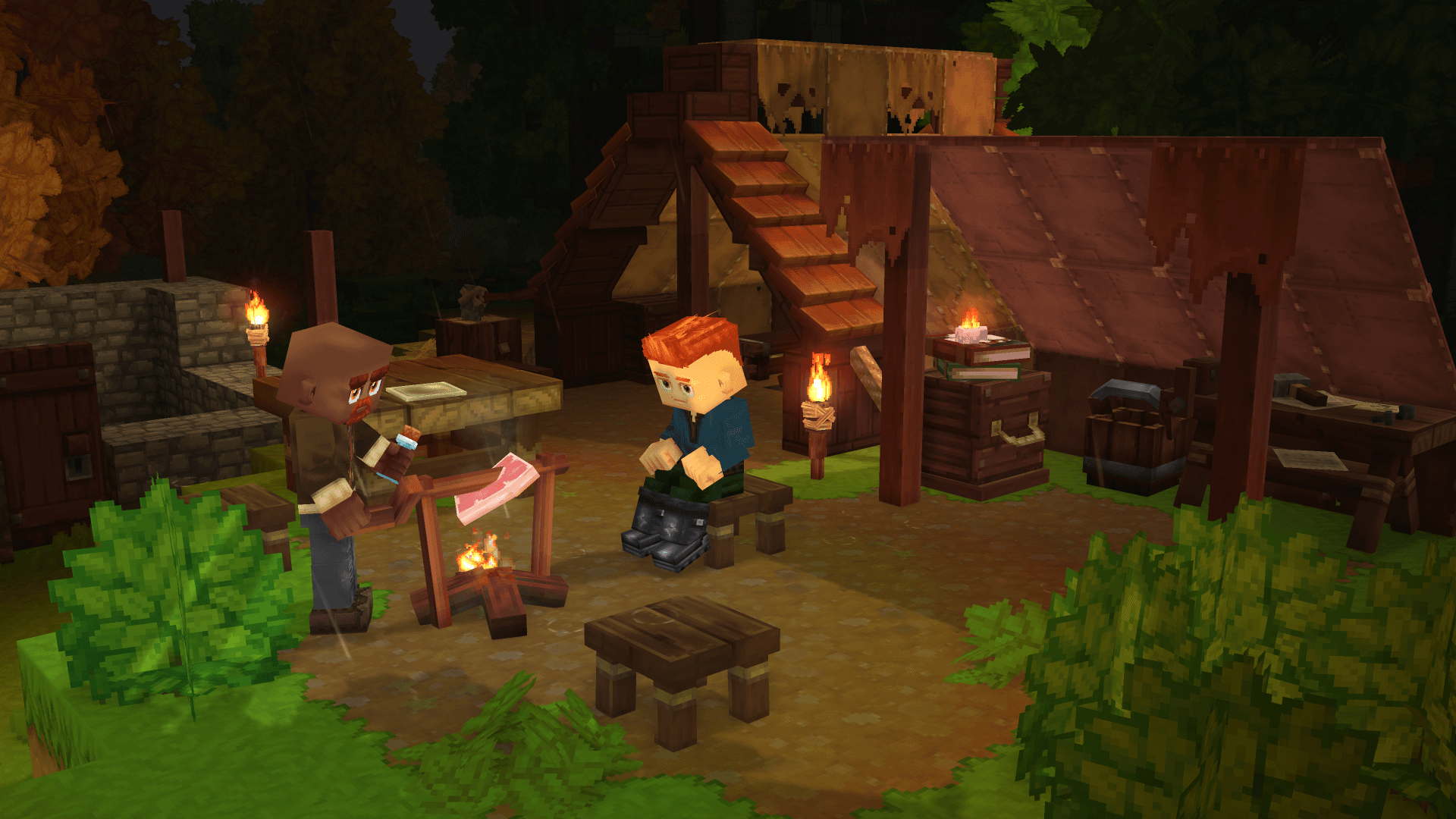 Even the bravest adventurers need a break. Cooking a meal by the campfire before another day of exploration in Hytale.