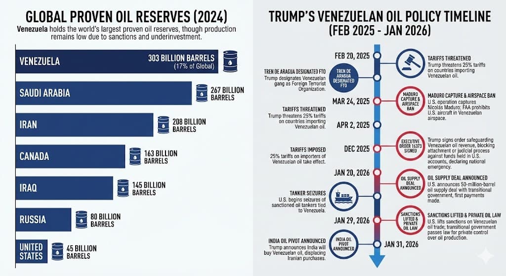 Chart comparing Venezuela's proven oil reserves with other nations and timeline of Trump administration oil policy changes regarding Venezuela.