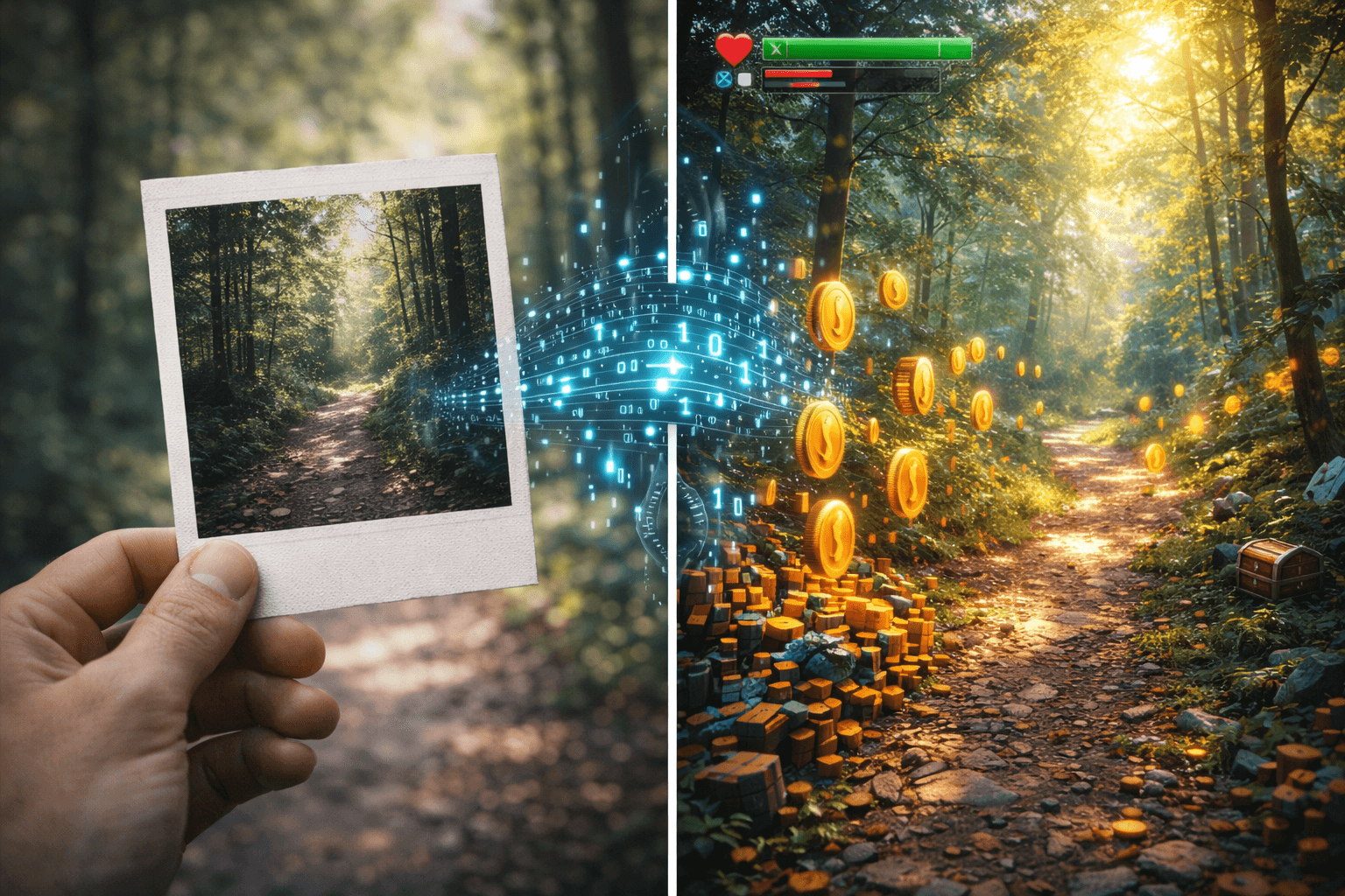 A vibrant, high-definition 3D video game world emerging directly from that photo.