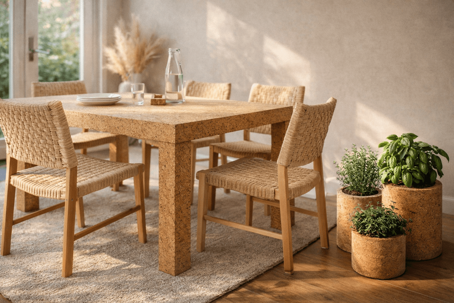 Sustainable cork furniture set: table and chairs in neutral tones, paired with indoor herb garden for biophilic vibe.