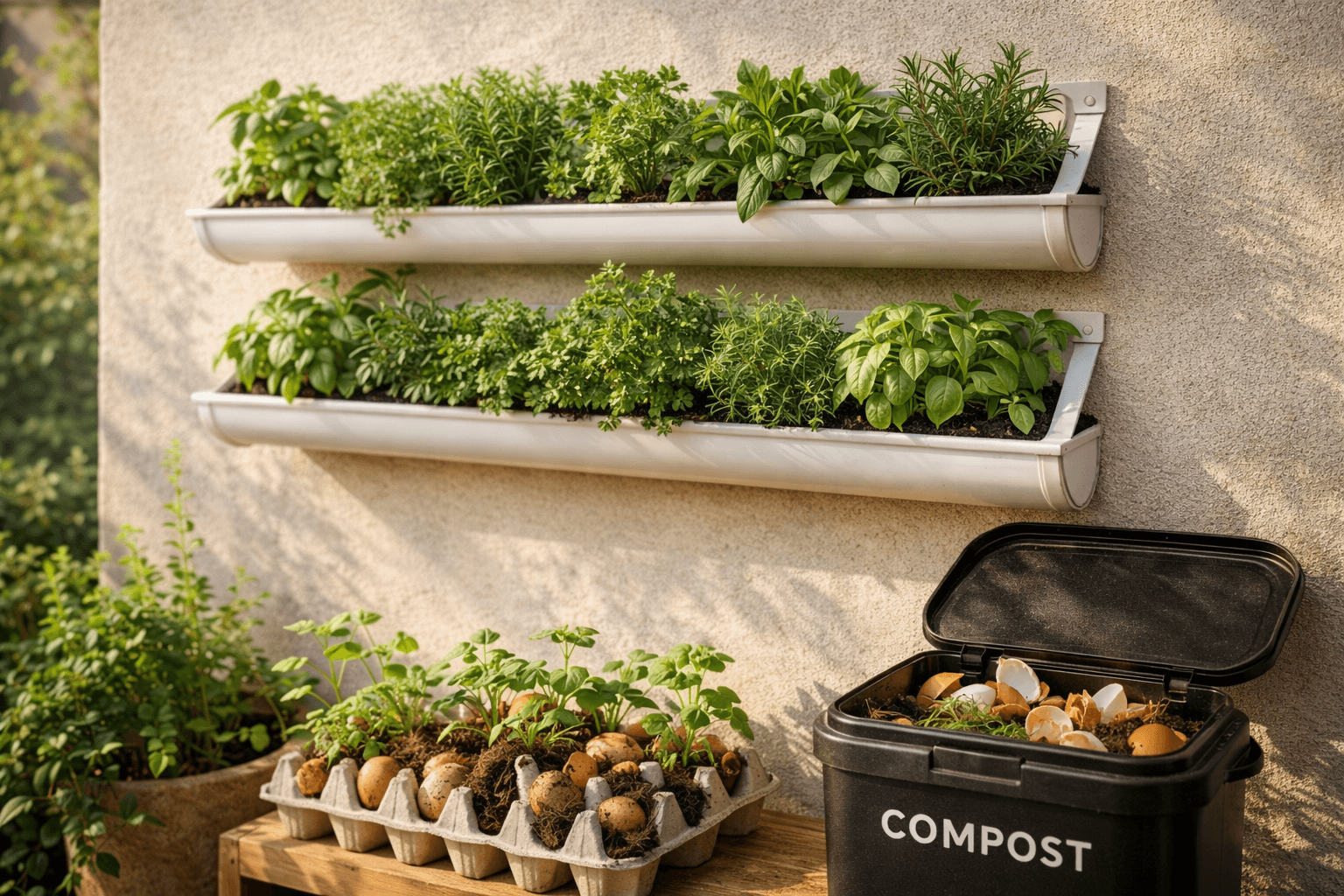 Zero-waste vertical herb garden from scrap gutters, egg cartons, and kitchen peels, bursting with green growth.