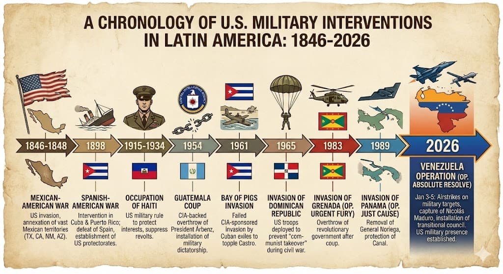 Historical timeline showing US military interventions in Latin America from Mexican-American War through 2026 Venezuela operation, with dates and brief descriptions of each event.