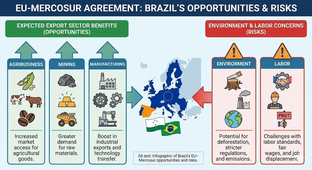 Infographic of Brazil’s EU–Mercosur opportunities and risks.