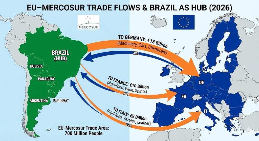 Map of EU–Mercosur trade area emphasizing Brazil’s position as main South American hub.