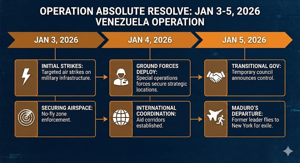 Timeline graphic showing key events of Operation Absolute Resolve from initial strikes through Maduro's arrival in New York.